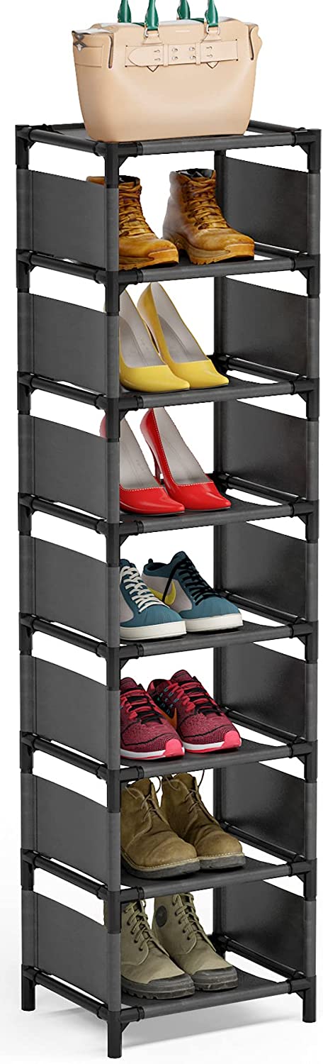 8 Tiers Vertical Shoe Rack , Narrow Shoe Shelf Space Saving Shoe Organizer for Entryway Door