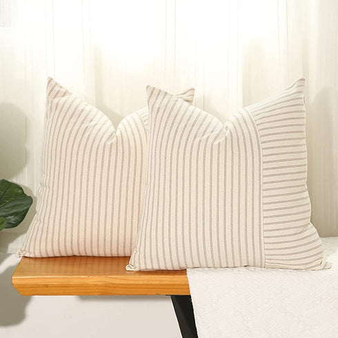 Hckot Khaki and Beige Patchwork Farmhouse Throw Pillow Covers 20 x 20 Inch, Pack of 2 Striped Linen Decorative Pillow Case for Sofa Couch Chair Bedroom Modern Decor (20" x 20", Khaki)