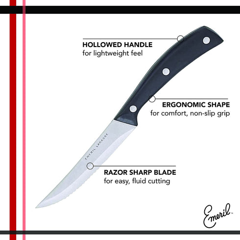 Emeril Lagasse Steak Knife Set of 8, 4.5? Stainless Steel Serrated Blades, Premium Kitchen Steak Knife Set with Black Handles