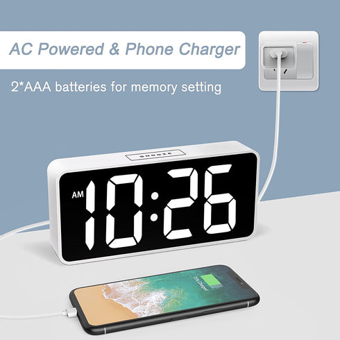 Welgo LED Digital Alarm Clock with USB Charging Port, 0-100% Dimmer, Large Number, AM/PM, White Bold Digits, Snooze, Adjustable Volume, Outlet Powered for Bedroom Bedside(White)