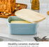 Joyroom Porcelain Large Butter Dish with Lid, Butter Dishes with Covers, Butter keeper, Butter Crock with Wooden Lid for East West Coast Butter, 6 Inch Wide, Letter Collection (Pale Blue)