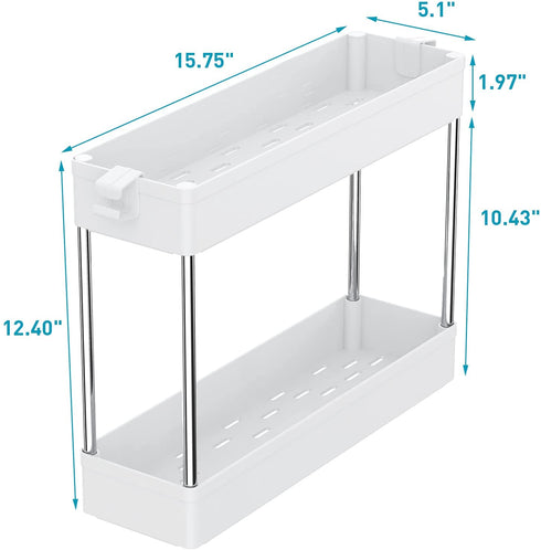 SPACEKEEPER Under Sink Organizers Storage, Bathroom Under Sink Shelf Basket, 2 Tier Bath Organizers and Storage Rack with Hooks, Under Kitchen Sink Shelf Multi-purpose, White