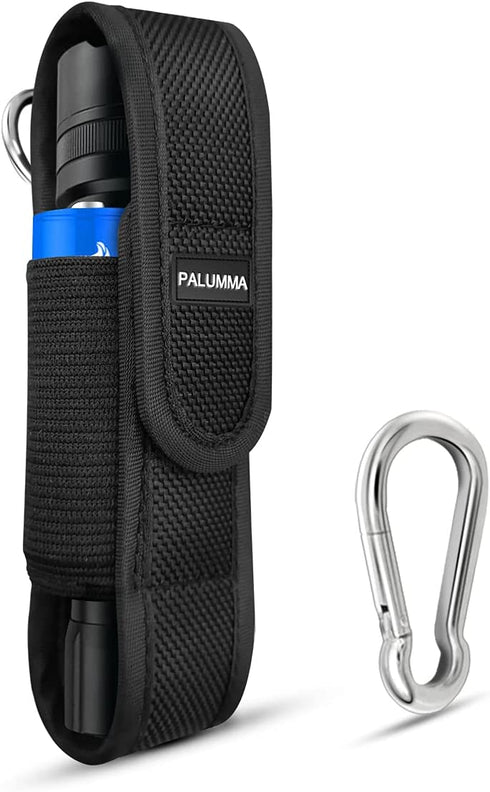 PALUMMA Nylon Flashlight Pouch Holster with Carabiner, Flexible Adjustment Flashlight Belt Holder for Most Brands Size Up to 7 inches