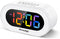 Reacher Small Colorful LED Digital Alarm Clock with Snooze, Simple to Operate, Full Range Brightness Dimmer, Adjustable Alarm Volume, Outlet Powered Compact Clock for Bedrooms, Bedside, Desk, Shelf