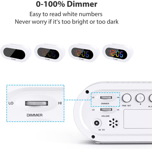 Reacher Small Colorful LED Digital Alarm Clock with Snooze, Simple to Operate, Full Range Brightness Dimmer, Adjustable Alarm Volume, Outlet Powered Compact Clock for Bedrooms, Bedside, Desk, Shelf