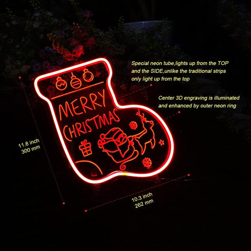 NOXTROND Merry Christmas Sock Festival Neon Light Sign, Red 3D Acrylic Light Up Words LED Lights Sign, USB Powered Dimmable Desk Lamp for Wall Indoor Christmas Party Bar Decoration