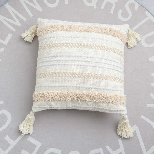 ToGeeKa Boho Woven Tufted Decorative Throw Pillow Covers, Soft Warm Woven Square Cushion Case with Tassels for Couch Sofa Bedroom Office Car, 20 x 20 inch (50 x 50 cm), Cream