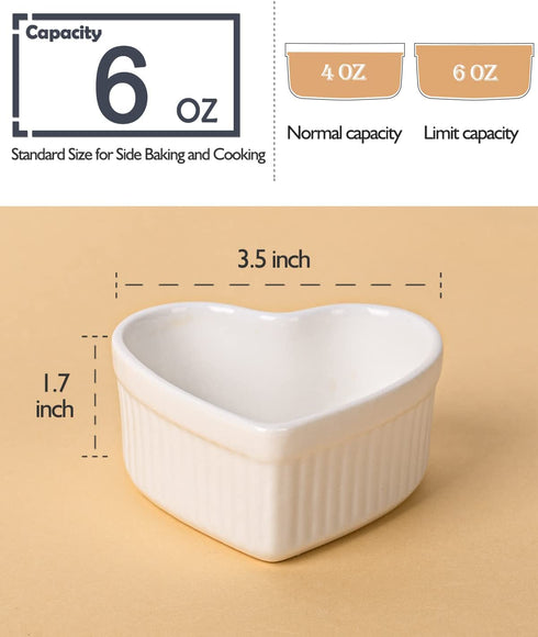 Delling Creme Brulee Ramekins 6 Oz Oven Safe- Porcelain Creme Brulee Set -Heart Shaped Ramekins for Souffle Baking Dish, Dessert/Dipping Bowls for Pudding, Valentines Day Gifts- Set of 6, White