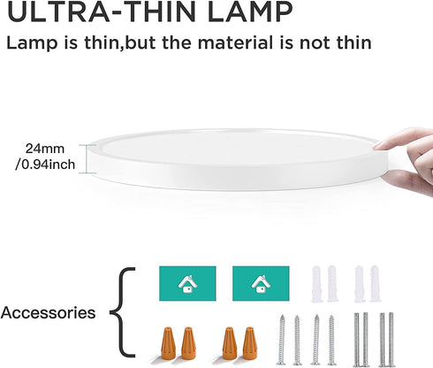 LED Flush Mount Ceiling Light Fixture, 5000K Daylight White, 12 Inch 24W, Flat Modern Round Lighting Fixture, 240W Equivalent White Ceiling Lamp for Kitchens, Stairwells, Bedrooms Easy Install