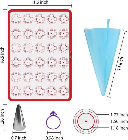 Silicone Baking Mat Macaron Baking Kit, Macaroon Baking Mat Set of 2 Half Sheet Nonstick Baking Mats, 6 Piping Tip, 2 Piping Bag and 2 Tie - Reusable Nonstick Liners for Baking Pans(16.5"x11.6")