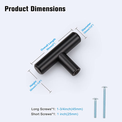 KNOBWELL 10 Pack Solid Stainless Steel Kitchen Cabinet Knobs Matte Black Finish, Single Hole 2 Inch, Black Kitchen Cabinet Knobs Bathroom Cabinet Pulls