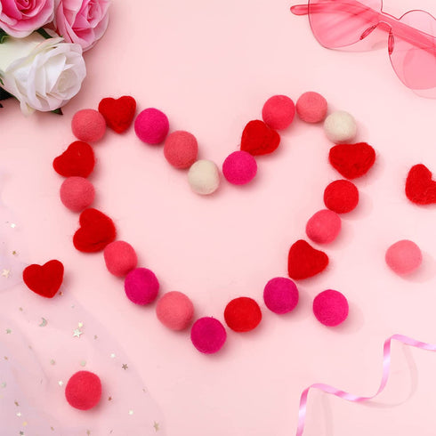 63 Pieces Wool Felt Balls and Felt Hearts Set Pom Poms Balls 15 Pcs Heart Shape Felt Wool Balls Valentine's Day Felt Balls DIY Decorative Felt Balls Crafts with Sewing kit for Garland Home Decor