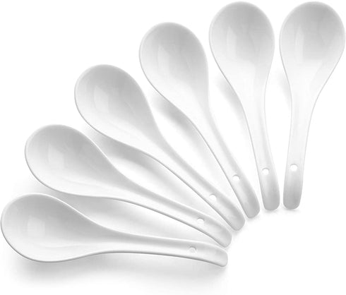 DOWAN Soup Spoons, Ceramic Chinese Soup Spoons, Asian Soup Spoons, White Japanese Spoon Large for Ramen Pho Wonton Dumpling Miso, Set of 6
