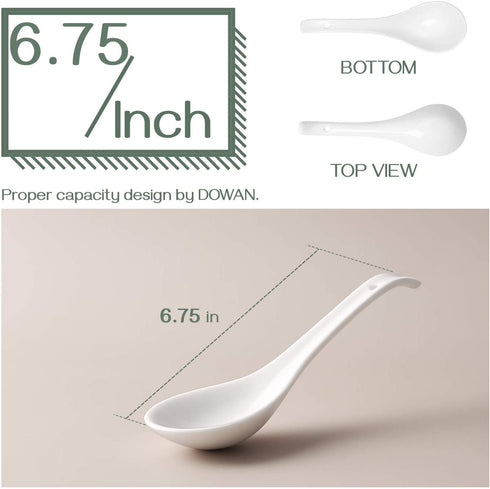 DOWAN Soup Spoons, Ceramic Chinese Soup Spoons, Asian Soup Spoons, White Japanese Spoon Large for Ramen Pho Wonton Dumpling Miso, Set of 6