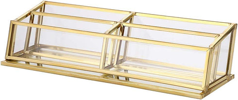 Hipiwe 4 Slots Glass Business Card Holder Stand - Vintage Gold Metal Name Card Display Stand Office Desktop Countertop Business Card Organizer