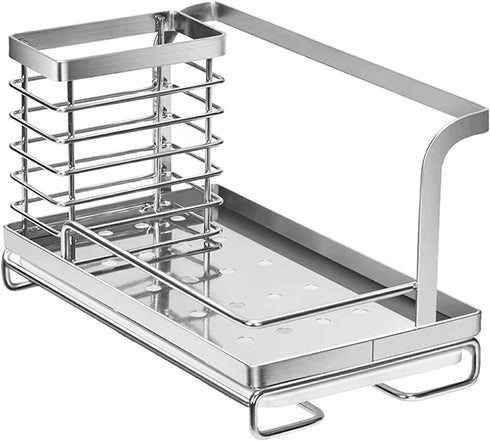 Nieifi Sink Caddy Organizer Countertop Sponge Brush Soap Holder with Drain Pan Stainless Steel for Kitchen