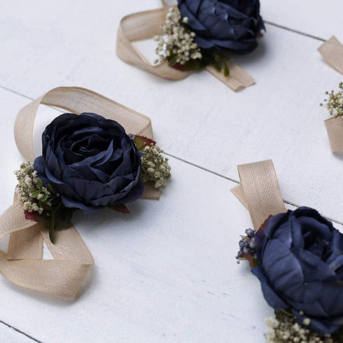 Bridals By Ada Melpomene Handmade Artificial Flowers, Corsage Wristlet, Burgundy Flowers for Rustic Wedding Theme (Dark Blue)