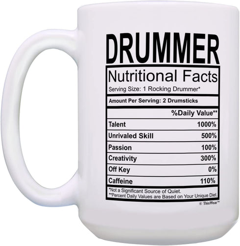 Drummer Gifts Drummer Nutritional Facts Fun Drummer Gifts for Kids 15-oz Coffee Mug Tea Cup