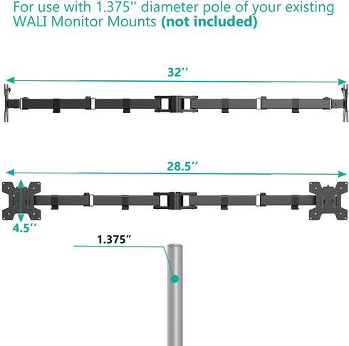 WALI Dual Monitor Arm, Fully Adjustable Pole Mount Bracket for WALI Monitor Mounting System (002ARM), Black