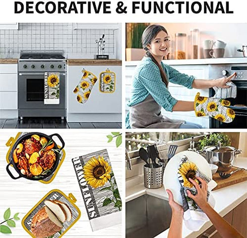Franco Kitchen Designers Soft and Absorbent Cotton Towels with Pot Holders and Oven Mitt Linen Set, 5 Piece, Sunflower Country