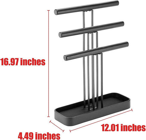 JackCubeDesign Wood 3 Tier Jewelry Display Stand Tree Organizer Bracelet Necklace Holder Rack Hanger Tower with Leather Earring Ring Tray Storage Tabletop(Black, 12 x 4.5 x 15.8 inches) :MK413A