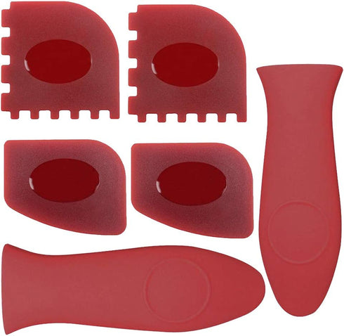 WeTest 2 Silicone Hot Handle Cover, 2 Plastic Grill Pan Scrapers, 2 Plastic Pan Scrapers for Cast Iron Skillets, Frying Pans and Griddles, Red (6 Pack Scraper Plastic Set R)