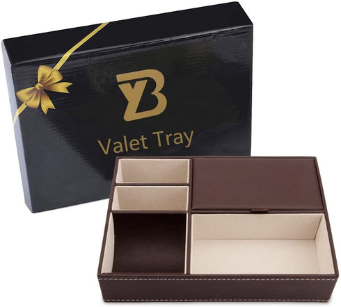 Baoyun Mens Valet Tray Organizer - Leather Nightstand Dresser Top Box with 5 Compartment for Accessories, Wallet, Phone, Keys (Brown)