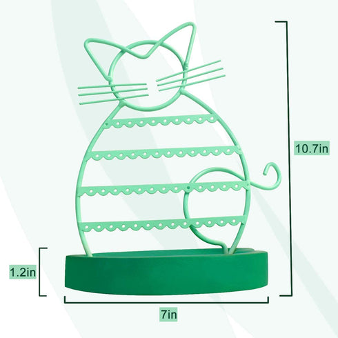 ERYTLLY Earring Holder, Cat Shaped Earring Stand with Wood Base for Girls/ Kids-47 Stud Earrings Holes (Mint Green)