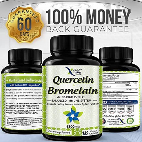 Quercetin 1000mg + Bromelain 300mg per Serving- Quercetin with Bromelain Supplement Complex for Cardiovascular Health, Respiratory System Support, Immune Function & Allergy Support-120 Veggie Capsules