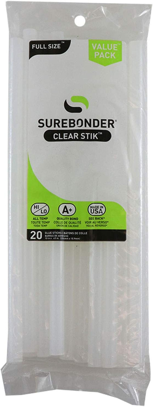 Surebonder Made in the USA All Purpose Stick Glue Sticks-All Temperature-Clear 7/16" D, 10" L Glue Stick-20 Sticks per Bag