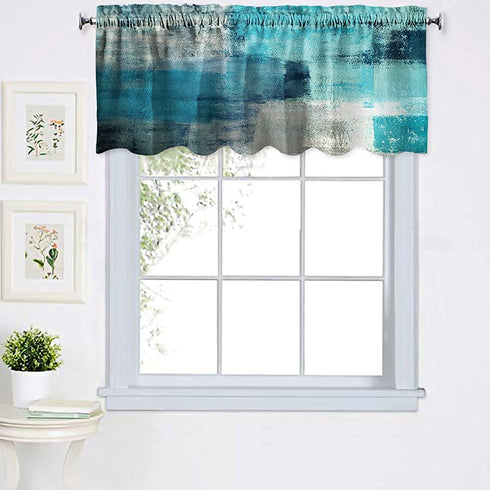 CNNLUG Turquoise Blue Grey Abstract Kitchen Window Treatment Valances,Semi-Decorative Curtains,Used for Bathroom,Living Room and Dining Room Theme Decoration,Curtain 52X18 Inches 2 Pack