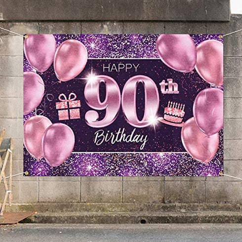 PAKBOOM Happy 90th Birthday Banner Backdrop - 90 Birthday Party Decorations Supplies for Women - Pink Purple Gold 4 x 6ft