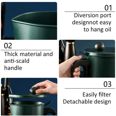 Bacon Grease Container,Oil Container Kitchen,Grease Can for Kitchen with Strainer, anti-scald handle and anti-slip coasters,Suitable for Storing Frying Oil(7 Cup Capacity, Green)