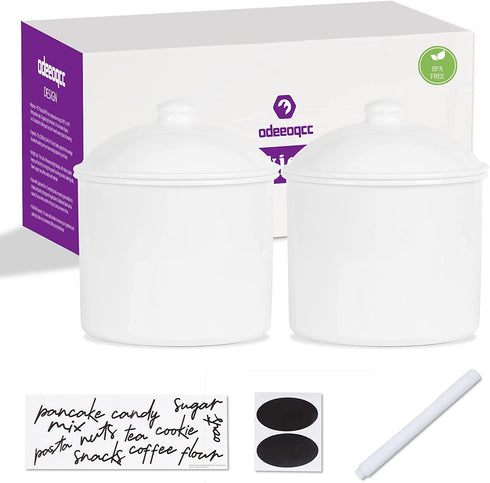 Kitchen Airtight Food Storage Canisters Set of 2 - 2.7QT/87oz Cookie Jar With Lids and Chalkboard Labels for Countertop Pantry Organization Flour,Candy,Coffee,Sugar,Snacks,Tea Jars Plastic,White