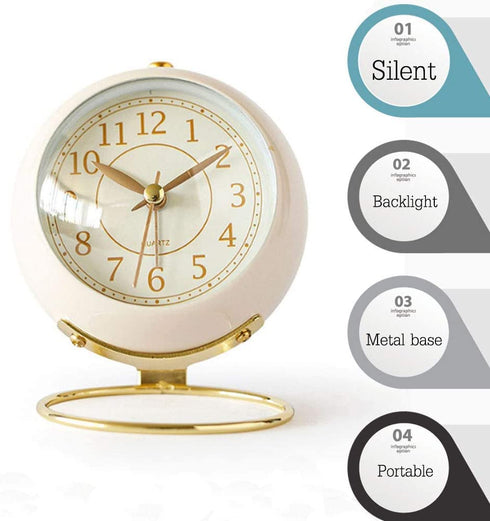 JUSTUP Silent Analog Alarm Clock, Classic Small Non-Ticking Tabletop Kids Room Alarm Clock Battery Operated Desk Clock with Backlight HD Glass for Bedroom Living Room Kitchen Indoor Decor (White)