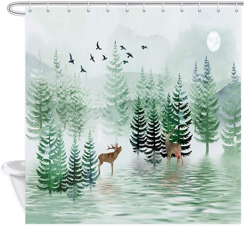 Nature Forest Landscape Safari Moose Shower Curtain Set, Polyester Fabric Rustic Watercolor Pine Tree Bird Forest with Wildlife Deer in Mountain Bathroom Curtains,Bath Curtain Sets with Hooks, 70X70in