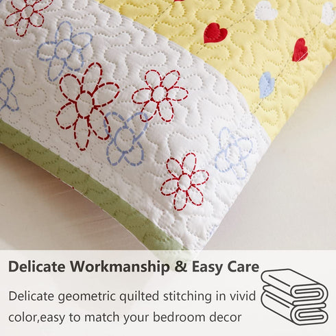 3-Piece Girls Floral Heart-Shaped Striped Quilt Set Twin with Shams,Blue Yellow White Stripe Daisy Flowers Bedspread Coverlet Bedding Set Lightweight Blanket Bed Cover for All Seasons (Blue,Twin)