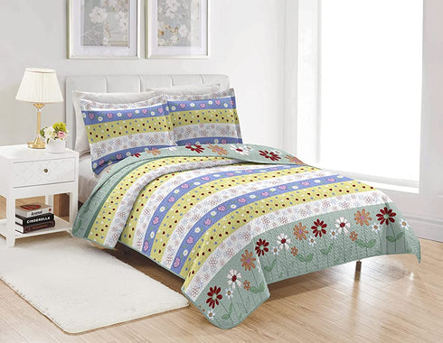 3-Piece Girls Floral Heart-Shaped Striped Quilt Set Twin with Shams,Blue Yellow White Stripe Daisy Flowers Bedspread Coverlet Bedding Set Lightweight Blanket Bed Cover for All Seasons (Blue,Twin)