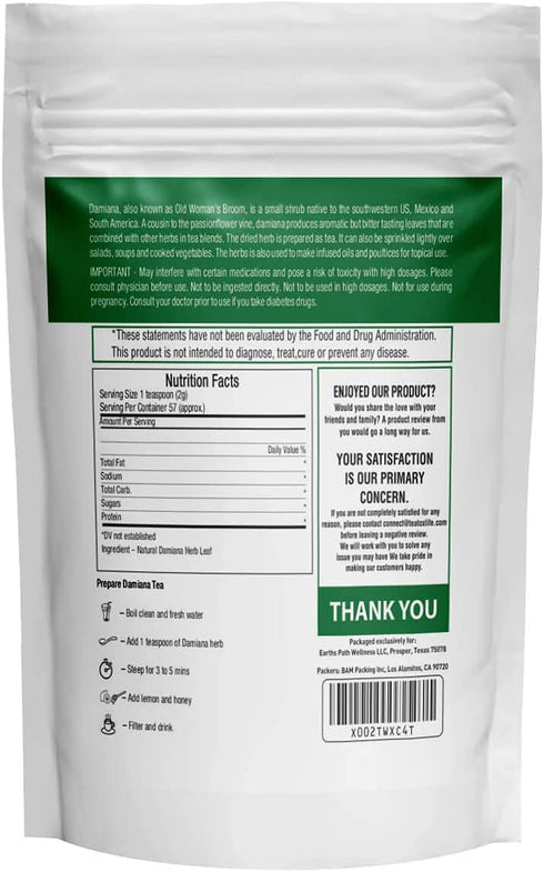 Damiana Herb Leaf Tea for Women, Men | Loose Leaf, Dried, Cut and Sifted for Adrenal Support| 4oz / 114 Grams| Made in USA