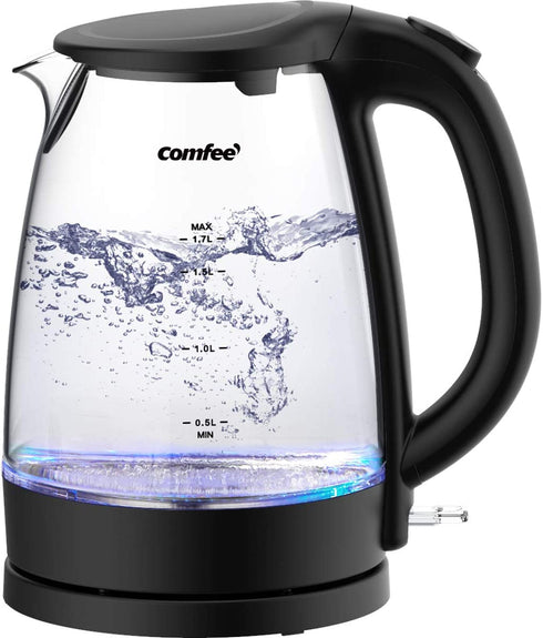 COMFEE' Glass Electric Tea Kettle & Hot Water Boiler(BPA-Free), 1.7L, Cordless with LED Indicator, 1500W Fast Boil, Auto Shut-Off and Boil-Dry Protection