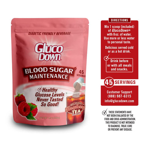 GLUCODOWN, Maintain Healthy Blood Sugar, Delicious Raspberry Tea Mix, Diabetic Friendly, 45 Servings, 1 Resealable Package.