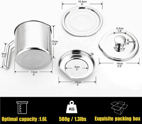 Chihee Oil Strainer Pot Grease Can 2 L Stainless Steel Oil Storage Can Container with Fine Mesh Strainer Dust-proof lid Non-slip Plate Suitable for Storing Frying Oil and Cooking Grease
