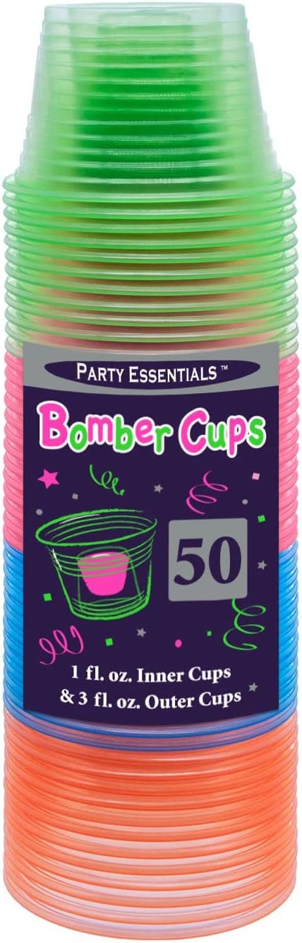 Party Essentials Disposable Soft Plastic Bomber Cups, Jager Bomb Shot Glasses, 3 Oz., 50 Count, Assorted Neon