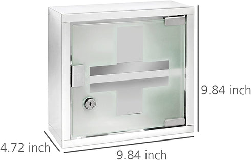WENKO Locking Medicine Mounted Bathroom Storage, Hanging Medical, First Aid Wall Cabinet with Safety Glass Door, Modern, Small, Square, Silver Shiny