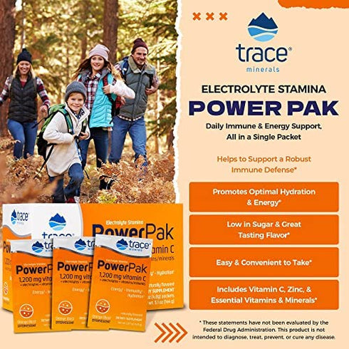 Trace Minerals | Power Pak Electrolyte Powder Packets | 1200 mg Vitamin C, Zinc, Magnesium | Boost Hydration, Immunity, Energy, Muscle Stamina | Orange Blast | 30 Packets