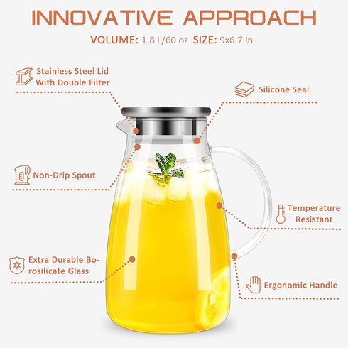 DYKL Glass Pitcher-Pitcher With lid 68 Ounces, 18/8 Stainless Steel Drip-Free Water Pitcher With Lid, Heat Resistant Borosilicate Glass Water Pitcher for Deposit, Juice Milk Cold or Hot Beverages.