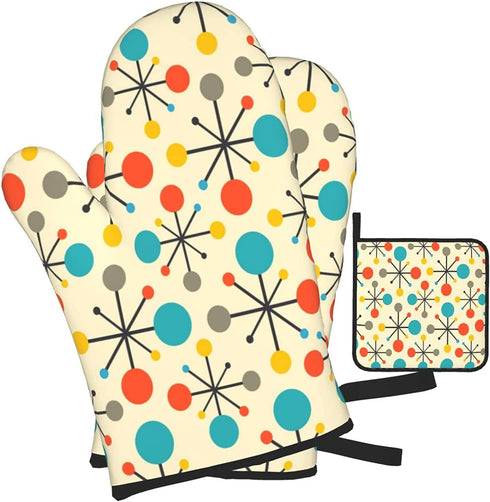 Mid Century Fifties Modern Atomic Retro Colors Oven Mitts and Pot Holders Sets Heat Resistant 3 Pcs Kitchen Sets for Kitchen,Cooking,Baking,Grilling,Cooks Gifts