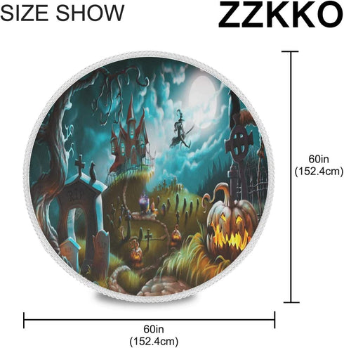 ZZKKO Happy Halloween Round Tablecloths 60" Retro Flying Witch Circular Table Linen Cloth Cover Mat Lace Washable Polyester for Dinner Party Holiday Home Decor