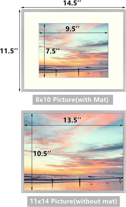 Golden State Art, Silver 11x14 Picture Frame - Displays Photos 8x10 with Mat or 11 x 14 inch without Mat - Shatter-Resistant Glass Aluminum Photo Frame for Wall or Tabletop Display