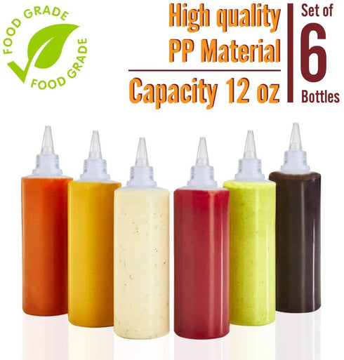 6 pcs 12 Oz Plastic Squeeze Condiment Bottles for Mustard Dressing Ketchup BBQ Sauce Mayonnaise Syrup, No Leak Tip Cap Plastic Squirt Dispenser Clear Containers Storage